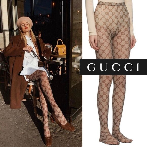 NEW Gucci Tights Brown GG Print Supreme Size M - Picture 1 of 8